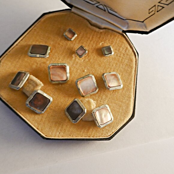 Vintage Art Deco Abalone Cufflinks, Studs- 9 Piece set Platinum Clad - Picture 2 of 4